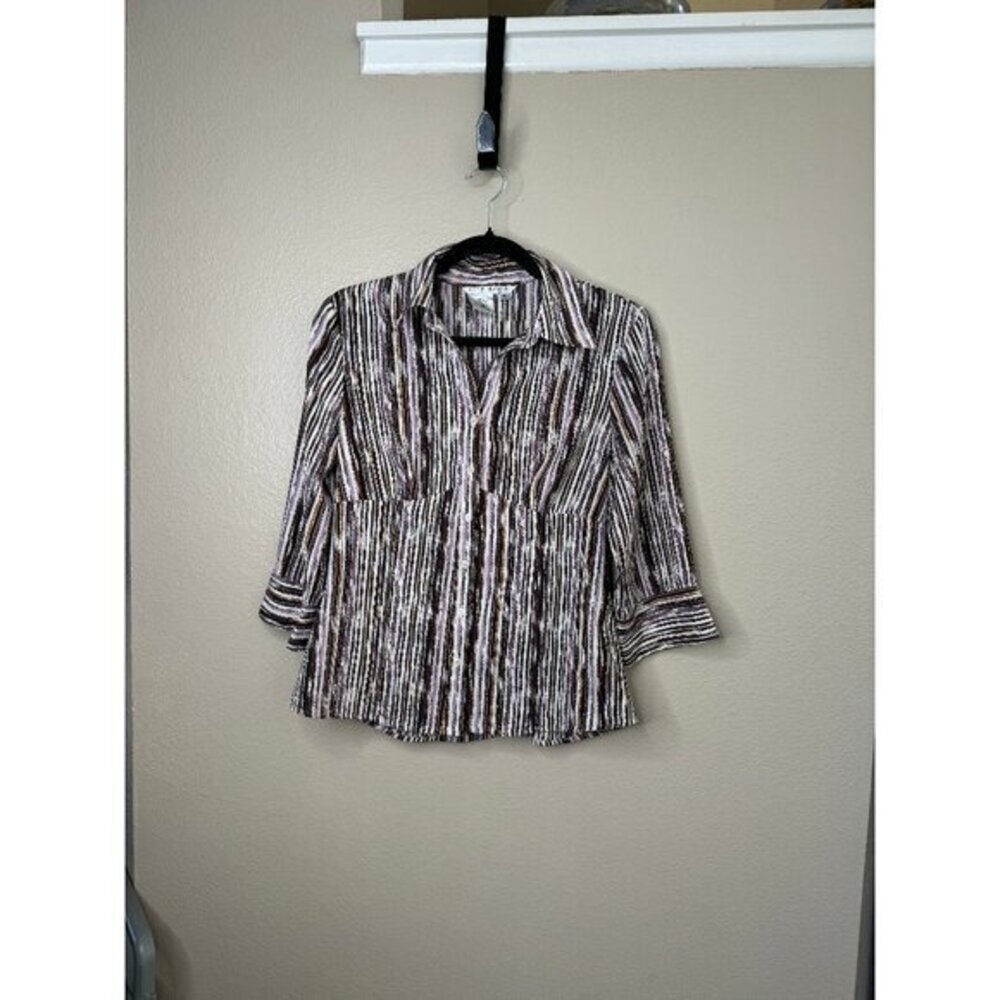 Fred David Women's‎ Purple & Brown Striped Blouse Petite Medium long sleeve